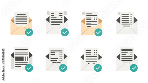 Email Notification Icons with Checkmarks, Set of 8