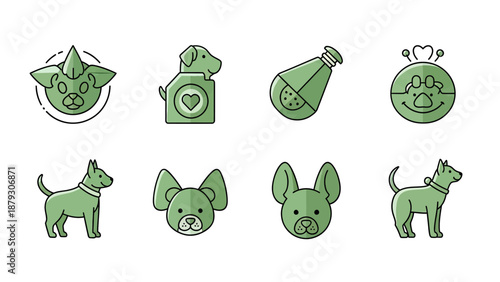 Cute Dog Icons Set: Pet Faces, Silhouettes, and Accessories Vector