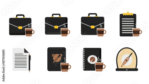 Business Icons Set: Briefcases, Coffee, Documents, and Clock