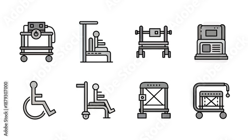 Medical Equipment Icons Set: Mobility and Treatment Devices Vector