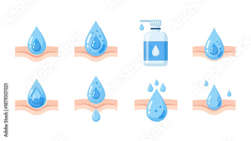 Skin Hydration and Moisturizing Icons: Water Drops and Lotion Bottle