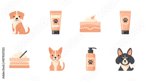 Cute Dog Grooming and Skincare Icons Set