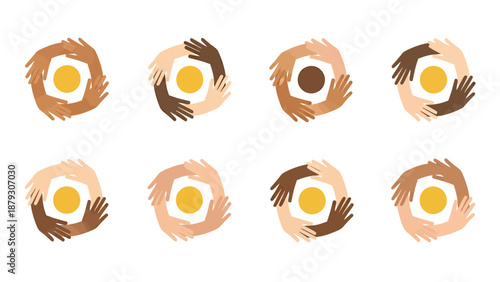 Diverse Hands Forming Circles of Unity Around Yellow Dots