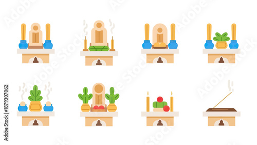 Japanese Buddhist Altar Icons Set - Vector Illustration