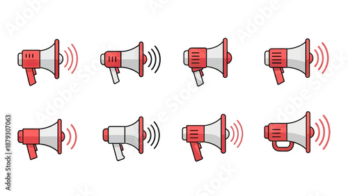Set of Megaphone Icons with Sound Waves, Red and White Design