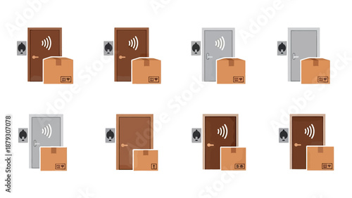 Door Access and Delivery Icons: Smart Lock, Package, and Bell
