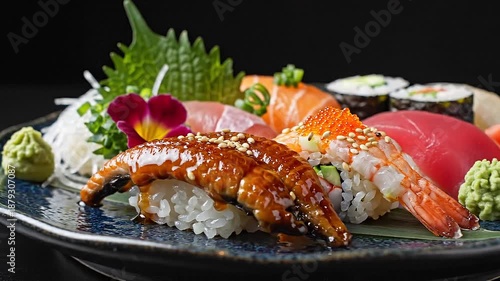 Sushi Platter with Assorted Fish and Garnishes.