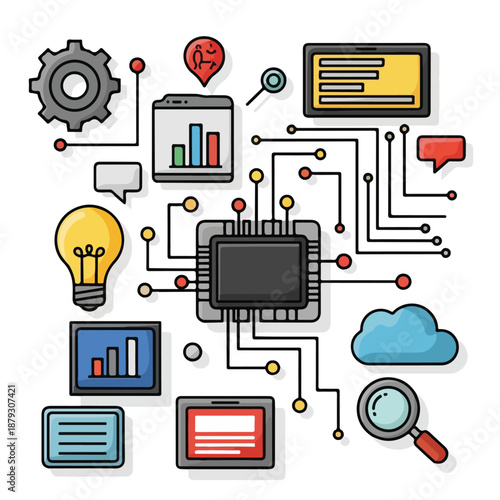 A central microchip surrounded by various digital and analytical icons