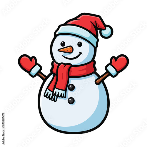 A cheerful snowman in winter gear