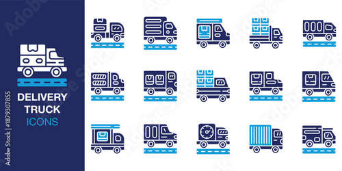 Delivery truck Icon set. Containing transport, van, driver, package, parcel, box, courier and more. Solid vector icons collection. Vector illustration.