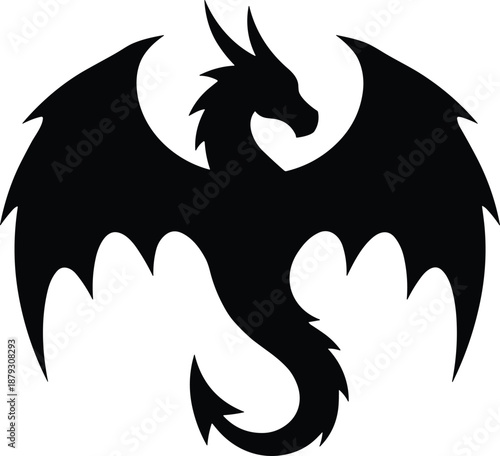 Dragon silhouette emblem with spread wings and curved tail, dark fantasy mythical creature illustration, gothic black vector logo design