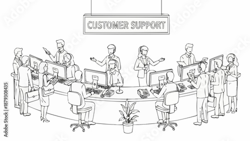 Customer support team working together in a call center environment.