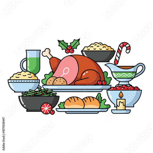 A colorful cartoon of a Christmas dinner with turkey and sides