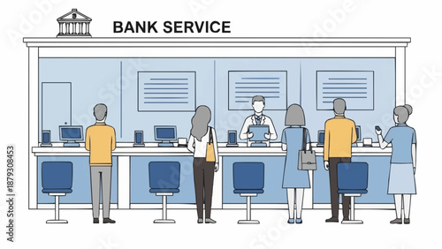 Customers waiting in line at a bank service counter for financial assistance.
