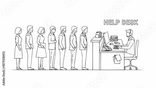 Customers waiting in line at a help desk illustration.