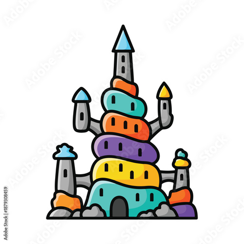 A colorful cartoon sandcastle with multiple towers