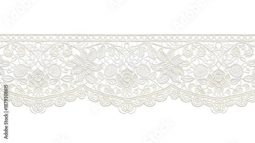 Elegant White Floral Lace Border Trim isolated PNG with Transparent Background