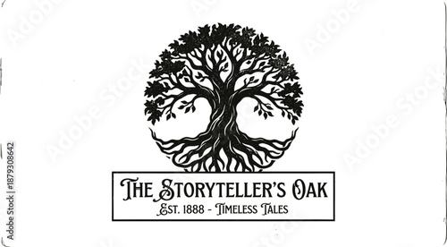 Storytellers oak logo emblem, vintage tree with roots illustration, literary heritage branding symbol, classic storytelling identity, established 1888