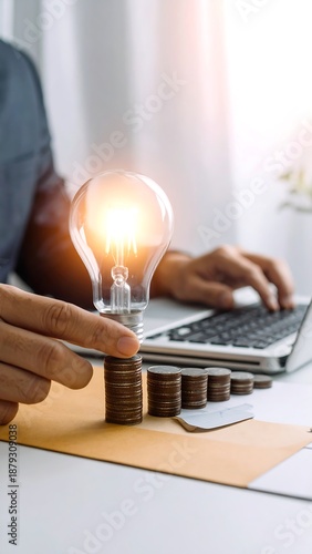 Lightbulb resting on coin stacks near laptop with hands, suggesting financial inspiration
