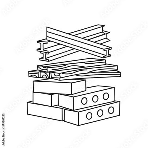 Line Art Icon of Stacked Building Materials: Bricks, Lumber, and Steel Girders for Construction Project Design
