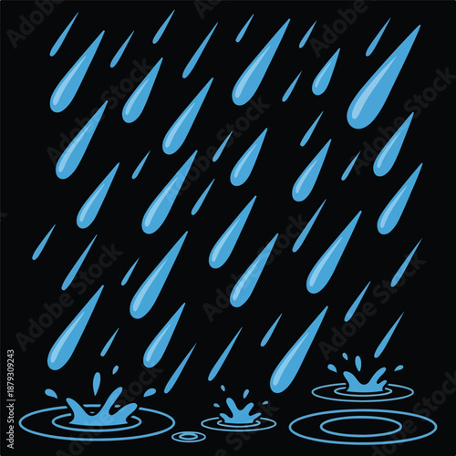 A digital illustration of blue raindrops falling on black background