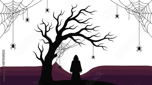 Spooky hooded figure silhouette, twisted tree with spider webs, eerie Halloween landscape scene, dark fantasy vector illustration