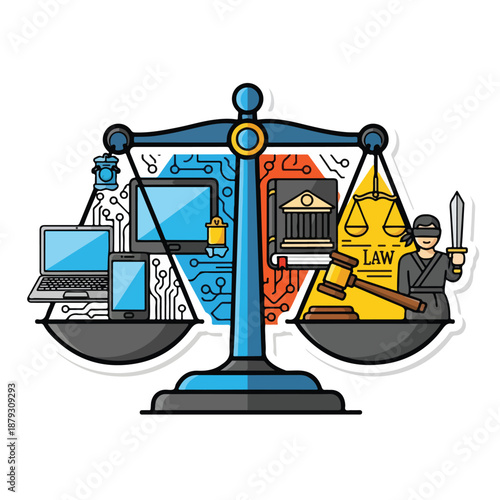 A digital illustration of a scale balancing technology and justice