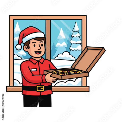 A delivery man in a Santa hat holds an open pizza box