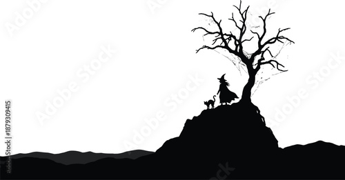 Halloween witch silhouette on hilltop, black cat and barren tree, spooky minimalist folklore scene, dark fantasy illustration