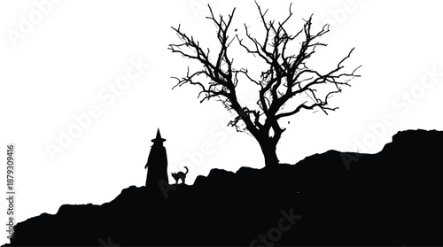 Halloween witch silhouette with cat, barren tree on hill, dark fantasy folklore scene, spooky minimalist night illustration