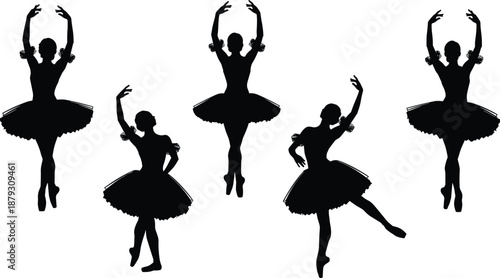 Black silhouettes of female ballet dancers wearing tutus performing graceful classical poses, elegant ballerina figures set, artistic dance movement vector illustration, isolated.