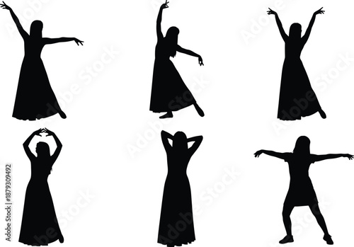 Black silhouettes of female dancers in long dresses performing graceful movements, woman dancing in various artistic poses, elegant performer vector illustration isolated, dancing.