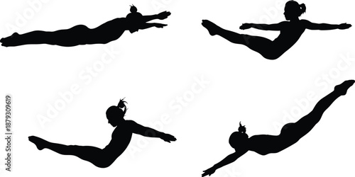 Black silhouettes of female gymnasts performing athletic mid-air jumps and diving poses, graceful woman soaring in flight, artistic movement vector illustration isolated.