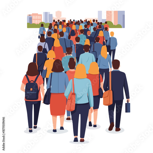 A crowd of people walking towards a city skyline