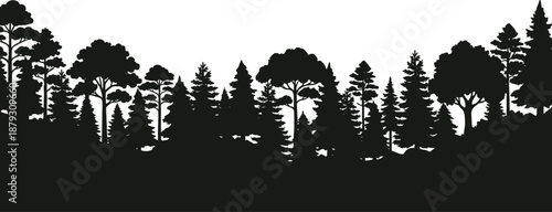 Forest silhouette landscape, dense woodland tree line illustration, natural wilderness background, minimalist black nature scenery vector design