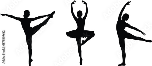 Black silhouettes of graceful female ballet dancers performing elegant poses, ballerina figures in tutu and leotard, artistic dance movement vector illustration isolated.