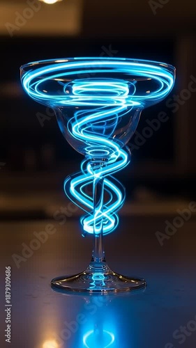 Glowing Neon Light Traces in Cocktail Glass.