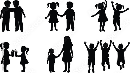 Black silhouettes of happy children playing, friends holding hands, jumping boys, girl giving gift to sister, mother and daughter, isolated on white background, (24 words)
