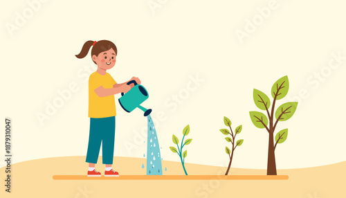 Cute girl watering plants with a watering can in a garden setting  