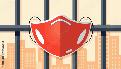 Red face mask symbolizing safety in urban environment with buildings  