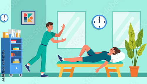Physical therapist assisting female patient during rehabilitation session  