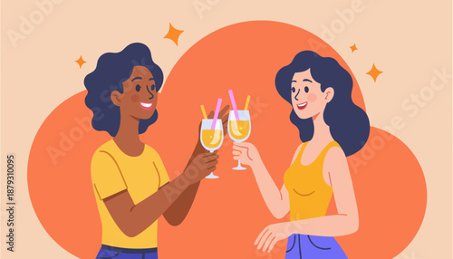 Two women celebrating with drinks and smiling in a festive atmosphere  