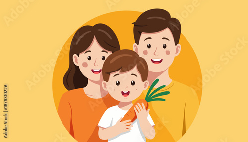 Toddler holding carrot while parents smile