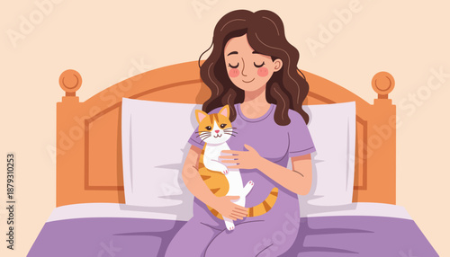 Pregnant woman cuddling cat on bed