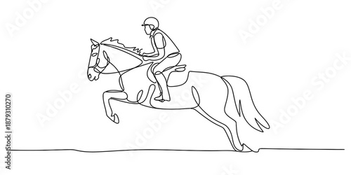 Continuous line art drawing of a horse and rider performing a jump during an equestrian event Vector, illustration