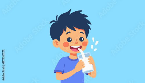 Boy drinking milk with a bright smile
