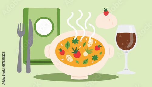 Colorful bowl of steaming soup with cutlery and glass of wine  