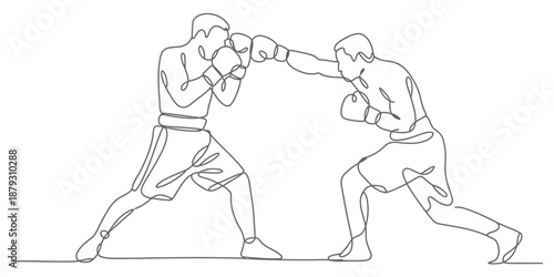 Continuous line drawing of two boxers fighting in a professional match Vector, illustration