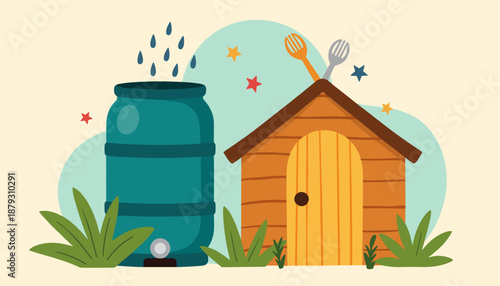 Water barrel next to wooden shed with garden tools and plants  