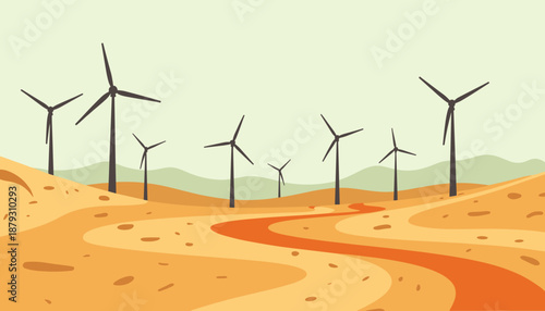 Wind turbines on sandy landscape with winding road and green hills  